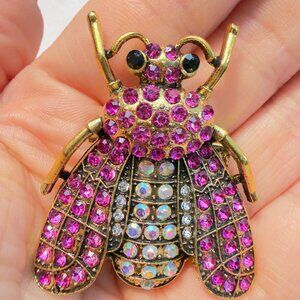 Beetle Brooch Gold Tone Pink Rhinestone Insect Pin – 2” Tall